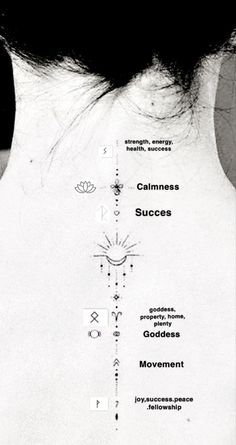 the back of a woman's neck with diagrams and symbols in black and white