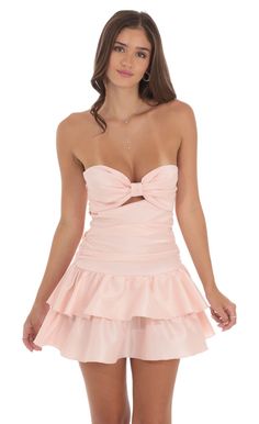 Strapless Cutout Ruffle Dress in Pink | LUCY IN THE SKY Upf Clothing, Camilla Dress, Taffeta Fabric, Banquet Dresses, Casual Day Dresses, Sorority Outfits, Valentine's Day Outfit, Straight Dress, Birthday Dress