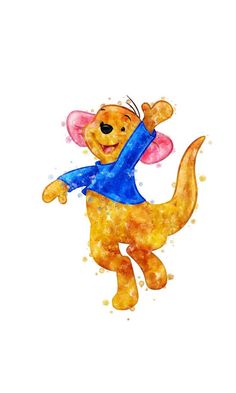 a watercolor drawing of a cartoon dog wearing a blue shirt and pink hat with his arms out