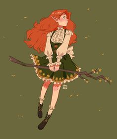 A Drawing, Red Hair, Elf, Tumblr, Green, Red, Hair, Art