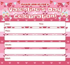 valentine's day celebration flyer with hearts and buntings on pink stripes,