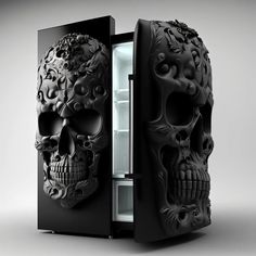 a refrigerator with two skulls on the front and one in the back that is open