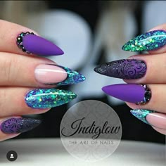 Purple Fancy Nails, Deep Purple Nail Art, Mermaid Purple Nails, Purple Turquoise Nails, Purple And Turquoise Nails, Purple Stiletto Nails Design, Purple Mermaid Nails, Mermaid Gel Nails, Funky Gel Nails