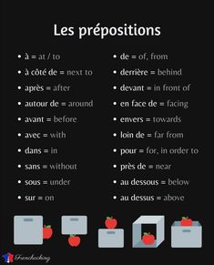 french prepositions with an image of apples and cubes on the side, which are