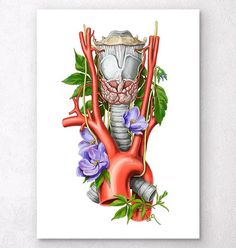 an illustration of the inside of a human body with flowers and leaves on it's side