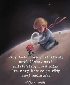 a little boy kneeling down on top of a planet holding a rose in his hand