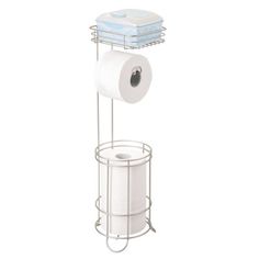 a toilet paper holder with two rolls of toilet paper on it and one roll in the basket