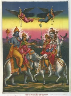 Hari Hara Milana - The Meeting of Vishnu and Shiva. The two lords, with their wives and child Ganesh, meet while traveling. The bull and elephant heads melding together visually. The gods watch from above. From an original lithograph first published circa 1890 by Chore Bagan Art Studio, Calcutta. This a contemporary reprint on 80 pound card. In excellent clean condition. The image is not centered exactly with the border but ready for framing nonetheless. Paper Size: 12 by 9 inches. Color Image s Hari Hara, Vishnu And Shiva, Kali Hindu, Hindu Gods And Goddesses, Beautiful Horses Photography, Lord Shiva Family, Hinduism Art, Vedic Art, Indian Prints