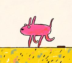 a drawing of a pink dog standing on top of a yellow surface with splots