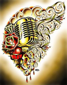 a microphone with roses and swirls in the middle on a yellow background by person