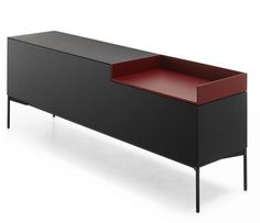 a black and red cabinet with two compartments