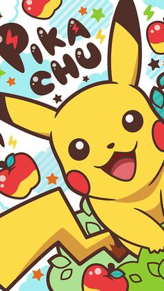 the pikachu character is flying through the air with an apple in his hand