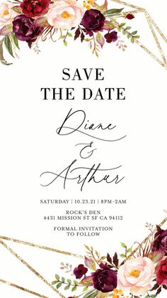 save the date card with flowers and gold foil on it, in black ink that reads'save the date '