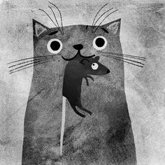 a black and white drawing of a cat with a mouse on it's back