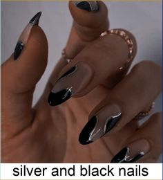 Acrylic Nail Elegant, Black And Silver Ombre Nails, Every Day Nails, Black Prom Nails, Black Almond Nails, Bday Nails, Silver Nail Designs, Vegas Nails, Nails Silver