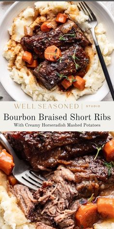 the cover of well seasoned bourbon braised short ribs with gravy, broccoli and mashed potatoes