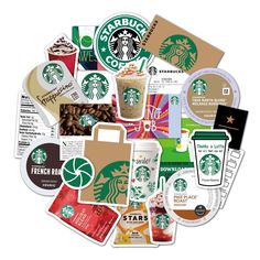 various starbucks stickers and decals are arranged in a circle on a white background