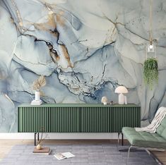 a living room with marble wallpaper and green radiator