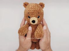 a person holding a brown teddy bear in their hands