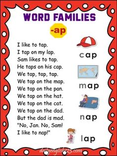 a poster with words and pictures on it that say word families, i like to tap