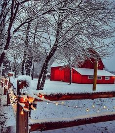 a red barn in the snow with lights on it's fence and tree branches