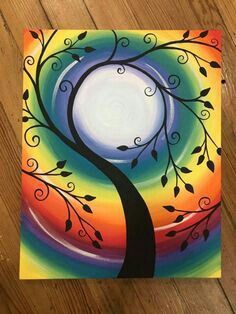 an acrylic painting of a tree with swirls and leaves painted on it