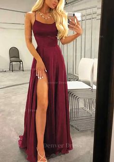 A Line Bateau Spaghetti Straps Sweep Train Charmeuse Prom Dress Outfits For Women With Split Wedding Dresses Near Me, Train Dresses, Satin Prom Dresses, Prom Dresses 2018, V Neck Prom Dresses, Corset Dress Prom, Satin Prom Dress, Evening Formal, Linnet