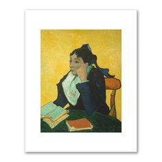 a painting of a woman sitting at a table with an open book in front of her