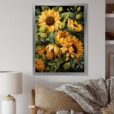 a painting of sunflowers on a wall above a bed