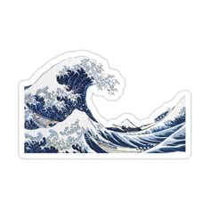 the great wave sticker is shown in blue, white and black colors on a white background