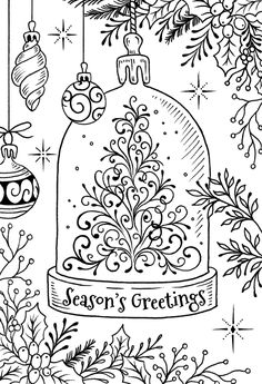 a christmas ornament with ornaments and snowflakes on it, in black and white