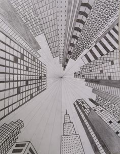 a pencil drawing of skyscrapers in the middle of an urban area with lines going through them