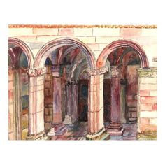 watercolor painting of arches and doorways in an old building