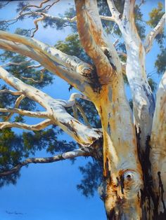 an oil painting of a tree with blue sky in the backgrounnds