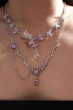 licker goodbye to dullness and stand out in our Multi Color Gem Butterfly Necklace. With the proper lighting, the zirconia color gemstones add a pop of shine to your ensemble. This unique necklace makes your outfit stand out and even better to layer with our Purple Dangle Necklace! Butterfly Jewelry Aesthetic, Jewelry Making Aesthetic, Ethereal Accessories, Gemstones Aesthetic, Gem Butterfly, Butterfly Accessories, Coquette Jewelry, Ethereal Jewelry, Butterfly Aesthetic