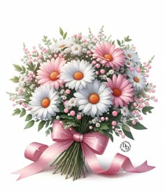 a bouquet of daisies with pink ribbon