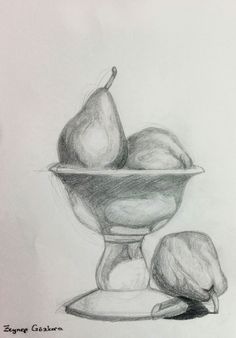 a drawing of two pears in a glass bowl on a saucer with another one sitting next to it