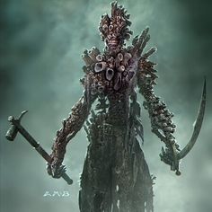 an image of a demonic creature holding two large knives and a skull on his head