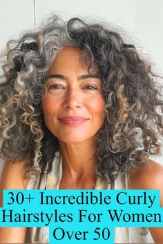 Natural Grey Curly Hair, Silver Hair Highlights Curly, Highlighting Curly Hair, Long Gray Curly Hair Over 50, Grey Highlights On Curly Hair, Curly Silver Hair Over 50, Hair Extensions For Curly Hair, Curly Grey Hair Over 50, Grey Curly Hair Natural Curls