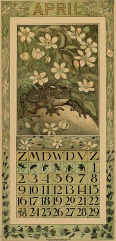 a calendar with an image of a frog and flowers on the front, as well as numbers