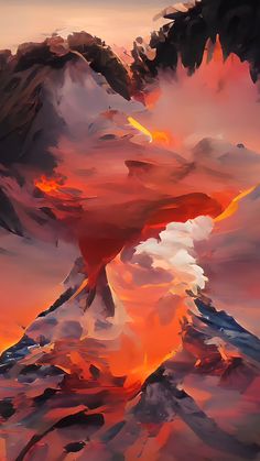 an abstract painting of mountains and clouds in red, orange, yellow and blue colors