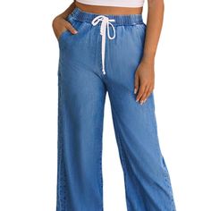 Women's Sky Blue Wide Leg Drawstring Waist Loose Pants Size 10 Nwt! The Wide-Leg Pants Are Designed With A Loose And Flowy Fit And Are Comfortable To Wear. The Drawstring Waist Allows You To Adjust The Fit To Your Liking. Great To Pair With T-Shirts, Tops, Blouses, Shirts, And Tank Tops. Made From Lightweight And Breathable Fabric And Perfect For Warmer Weather. Material: 65% Lyocell, 35% Cotton Occasion: Casual, Vacation, Daily Wear, Summer, Spring High Rise Pull-on Style Bottoms For Summer, Summer Wide-leg Jeans With Elastic Waistband, Denim Blue Wide Leg Bottoms For Summer, Wide Leg Denim Blue Bottoms For Summer, Casual Mid-rise Wide Leg Pants For Summer, Summer High Waist Pull-on Jeans, Summer Wide-leg Denim Blue Bottoms, Summer Denim Blue Wide-leg Pants, Summer Mid-rise Wide Leg Pants With Elastic Waistband