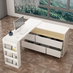 an office desk with drawers and a laptop on it