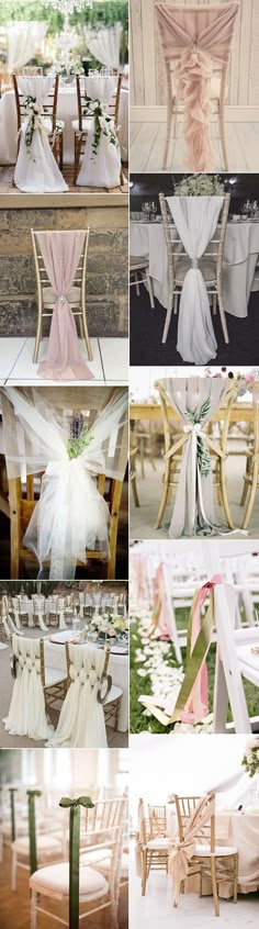 several pictures of chairs and tables with white cloths on them, all decorated in different colors