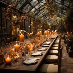 a long table is set with candles and place settings for an elegant dinner in a greenhouse