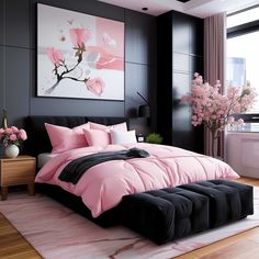 a bedroom with black walls and pink bedding