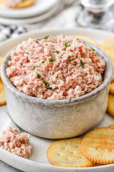 a small bowl filled with tuna salad next to crackers on a white and gray plate