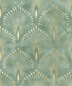 an art deco style wallpaper with gold and green fan design on it's back