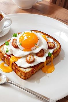 a white plate topped with an egg and toast