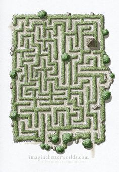 a drawing of a maze with trees and bushes in the center, on top of a white background